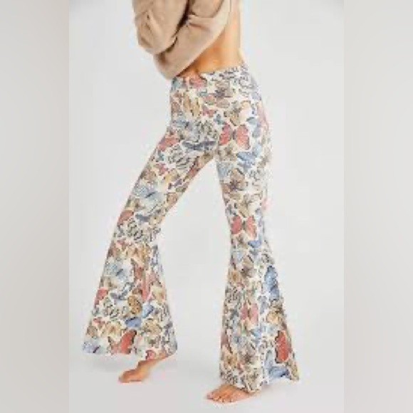 Free People Just Float On Butterfly Print flare leg raw hem denim Pants 32 - Picture 1 of 13